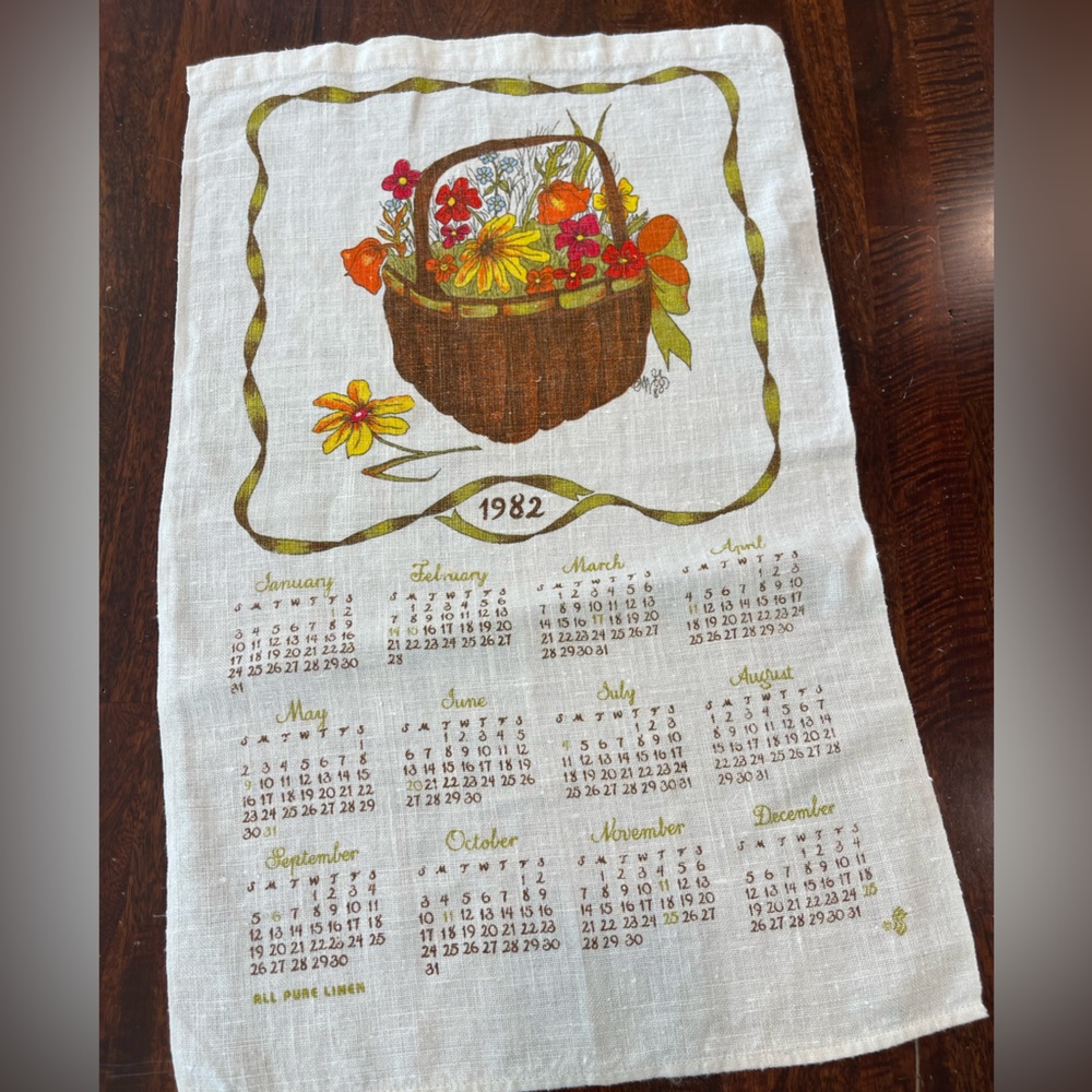 Vtg all pure linen 1982 calendar tea towel wall hanging-kitchen-flower basket